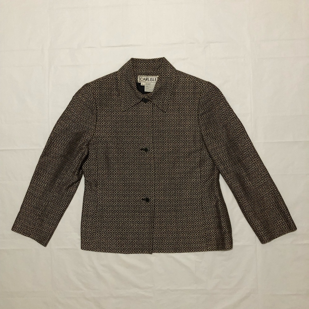 Carlisle Women’s Long Sleeve Collared Geometric Pattern Black & Taupe Blazer 8